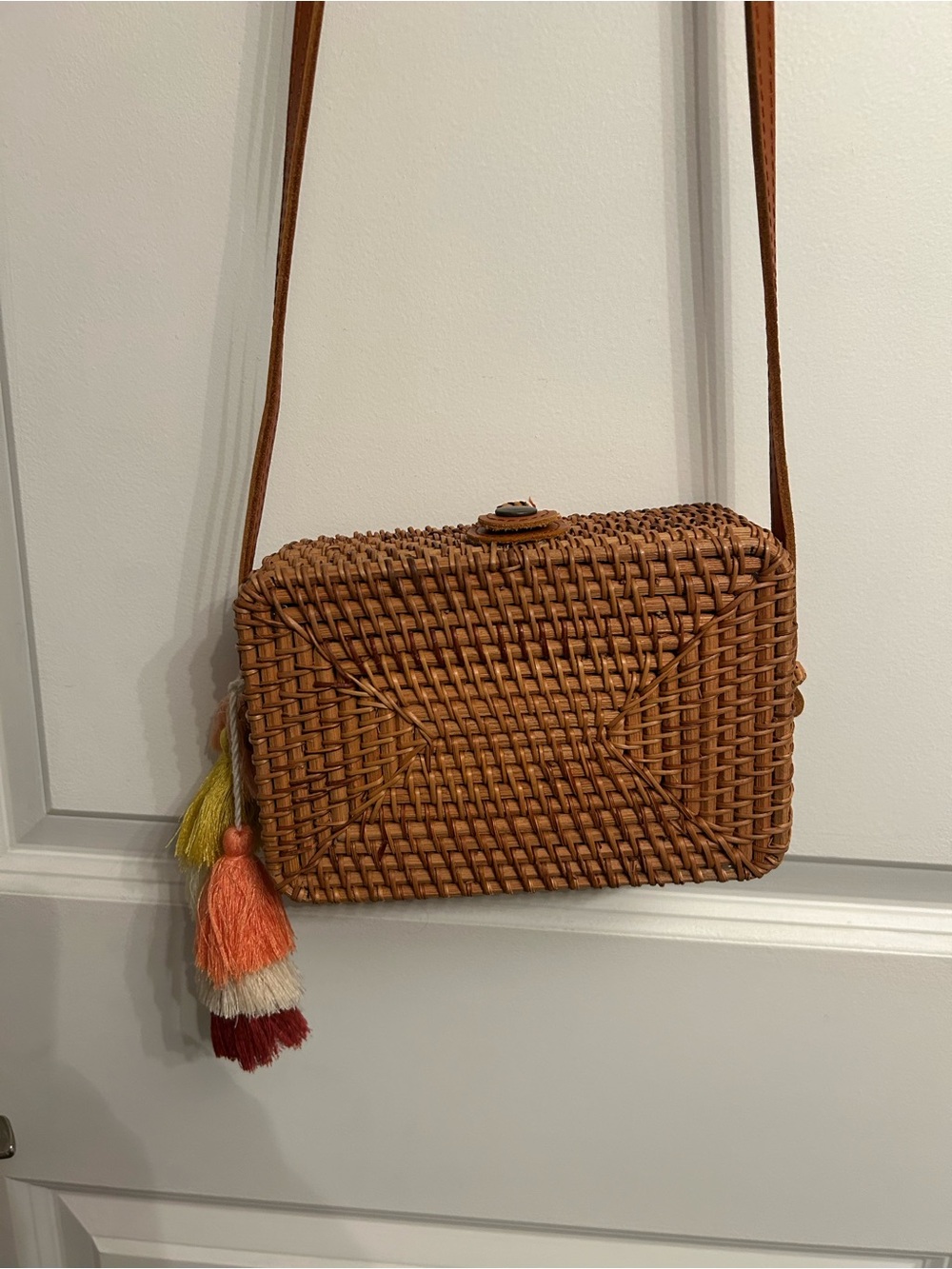 Woven Rattan Crossbody Bag with Multicolor Tassels - Brown
